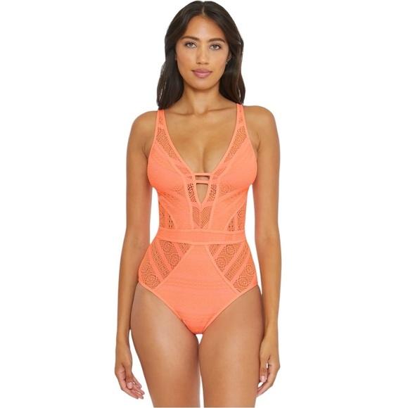 New!‎ Becca Nectar Color Play One Piece Plunge Swimsuit - Picture 1 of 8